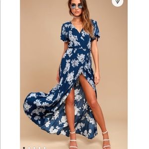 Heart of Marigold Navy Blue Floral Wrap Maxi Dress
